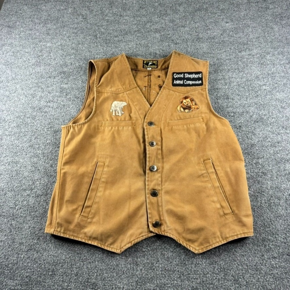 Wyoming Traders Vest Mens M Beige Button Front Western Cowboy‎ Workwear Patches